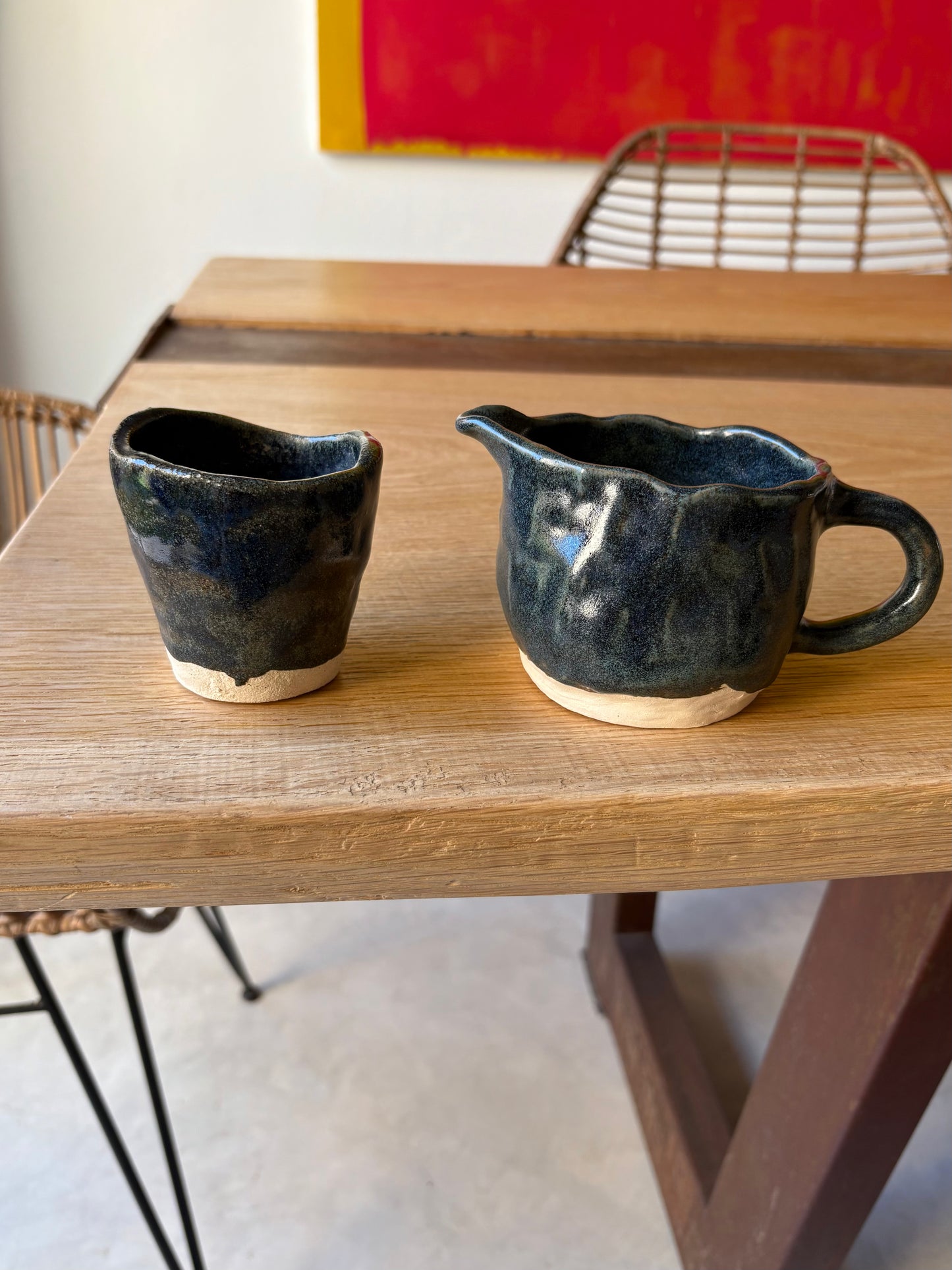 Conjunto jarra y taza azul granito